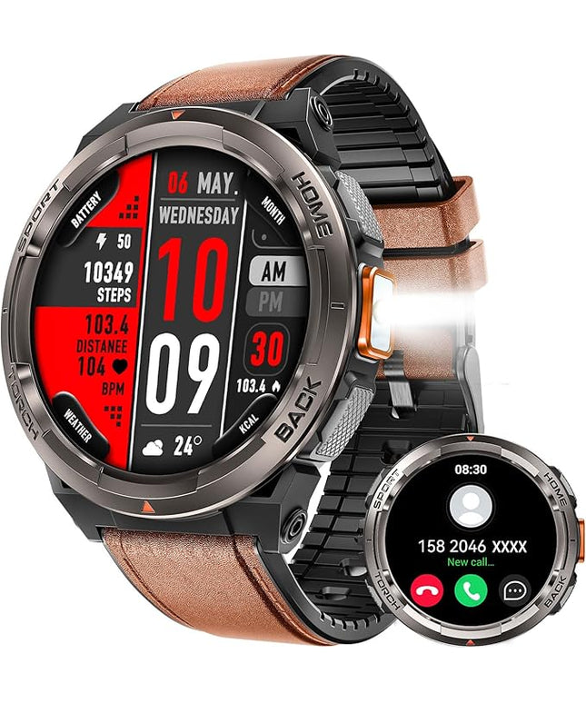 KE5 Military Smart Watch for Men with Flashlight SOS 3ATM Waterproof Watch 530mAh Big Battery 1.45" Rugged Tactical Smartwatch with Compass Elevation Barometer Fitness Watch for iPhone (Brown+OLight)