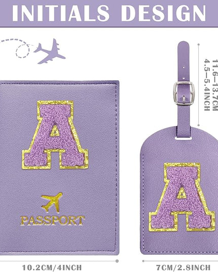 COSHAYSOO Initial Passport Cover Luggage Tag Set Letter Passport Holder Airplane Cruise Travel Essentials Vacation Traveling Accessories Personalized Gifts for Women Teen College Girls Purple A
