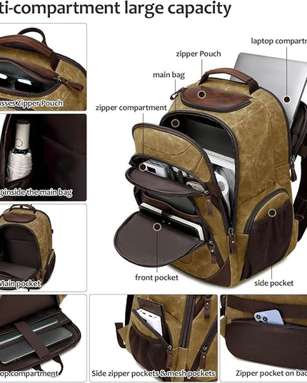 Travel Laptop Backpack 17.3 inch XL Computer Backpack for Men Waxed Canvas College Daypack Business Backpack Brown
