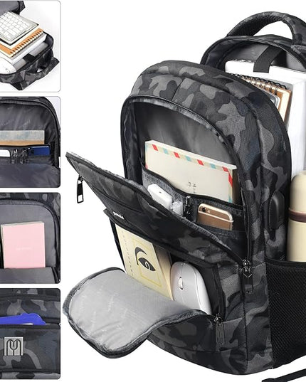 Paude 17 inch Travel Business Backpack for Men,College Backpack School Bookbag for Teens,Laptop Bookbag with USB Port and Headphone Hole,Camouflage Black