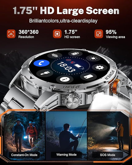 LIGE Smart Watch for Men (Make/Answer Calls) with 1000mAh, 1.75" HD Screen Smartwatch with Flashlight, Heart Rate/Sleep Monitor, IP68 Waterproof, 100+ Sports Modes for Android iOS, 3 Straps