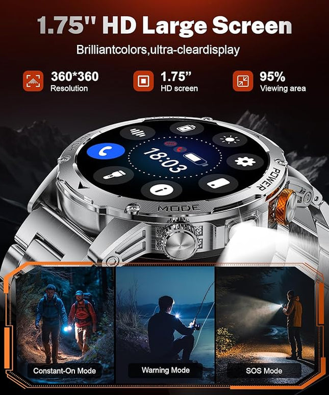LIGE Smart Watch for Men (Make/Answer Calls) with 1000mAh, 1.75" HD Screen Smartwatch with Flashlight, Heart Rate/Sleep Monitor, IP68 Waterproof, 100+ Sports Modes for Android iOS, 3 Straps