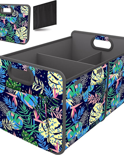 Homeve Trunk Organizer, Car Storage, Reinforced Handles, Collapsible Multi-Compartment, Foldable, Waterproof, Sturdy, 600D Oxford Polyester For Car, SUV, Mini-Van, Color Leaves, 2 Compart
