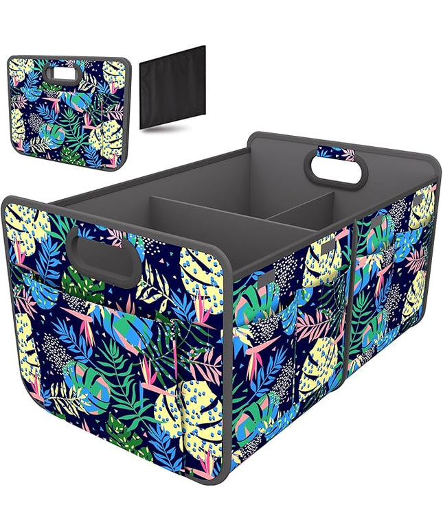 Homeve Trunk Organizer, Car Storage, Reinforced Handles, Collapsible Multi-Compartment, Foldable, Waterproof, Sturdy, 600D Oxford Polyester For Car, SUV, Mini-Van, Color Leaves, 2 Compart