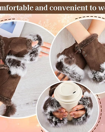 SATINIOR Women Fur Fingerless Gloves Winter Rabbit Fur Lined Half Finger Mittens for Women Girls Teen Working Writing