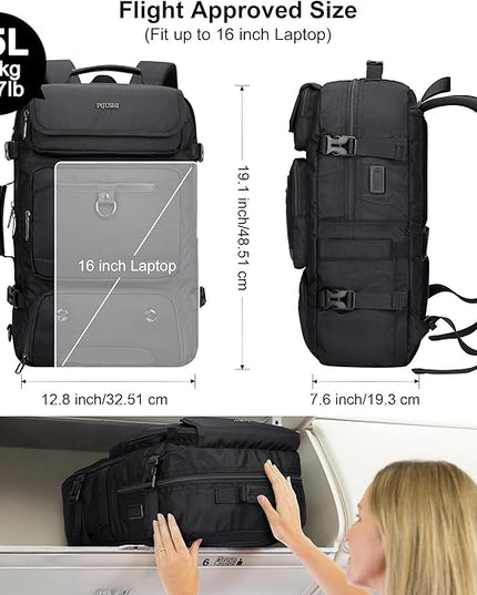 PIJUSHI Carry on Travel Backpack for Women Men Convertible Duffel Bag Backpack Large Luggage Rucksack Fit 16 Inch Laptop(PE039 Black)