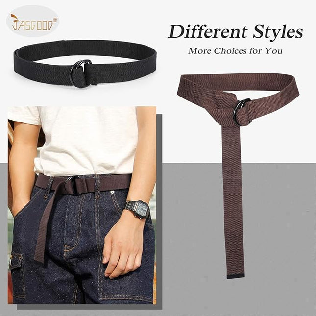 JASGOOD Men Canvas Belt Web Fabric Casual Belt with Black Double D-ring 1 1/2" Wide Set of 2