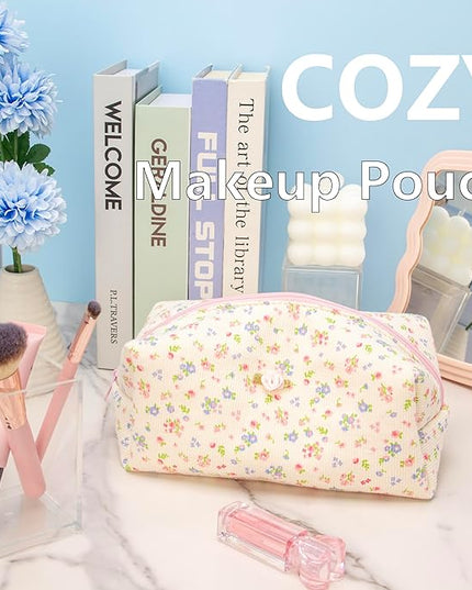 PAZIMIIK Cozy Makeup Bag Travel Cosmetic Bag for Women Soft Toiletry Bag Aesthetic Makeup Organizer Portable Large Zipper Pouch for Skincare Beauty Accessories Brushes Ribbing Floral Beige