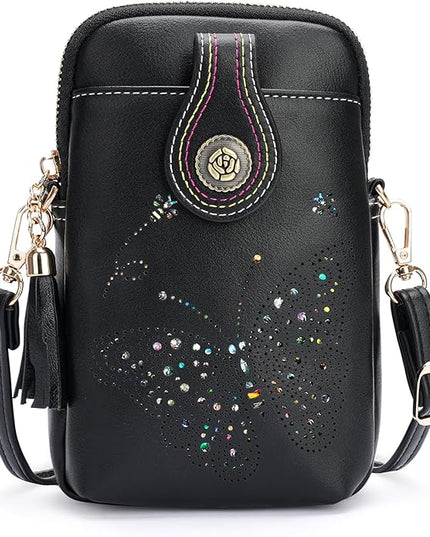 Small Crossbody Bags for Women, Lightweight Mini Cute Cell Phone Purse for Women with Tassel Shining Butterfly
