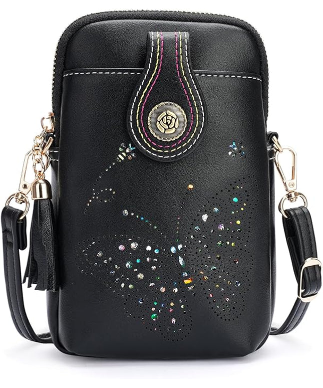 Small Crossbody Bags for Women, Lightweight Mini Cute Cell Phone Purse for Women with Tassel Shining Butterfly