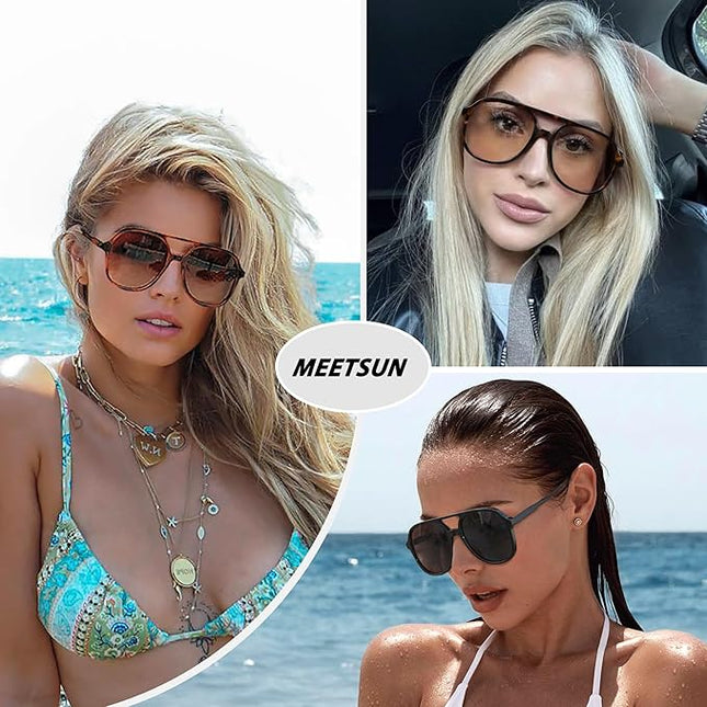 MEETSUN Retro Oversized Aviator Sunglasses for Women Men Trendy 70s 80s Vintage Square Aviators 3 Pack UV400