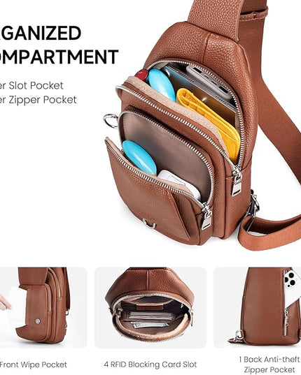 befen Anti Theft Genuine Leather Sling Bag for Women RFID Small Crossbody Bag Chest Bag Leather Fanny Packs for Travel