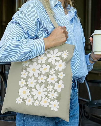 Sage Green Aesthetic Canvas Tote Bags, Floral Cute Flower Tote for Women, Reusable Grocery Shopping Bags