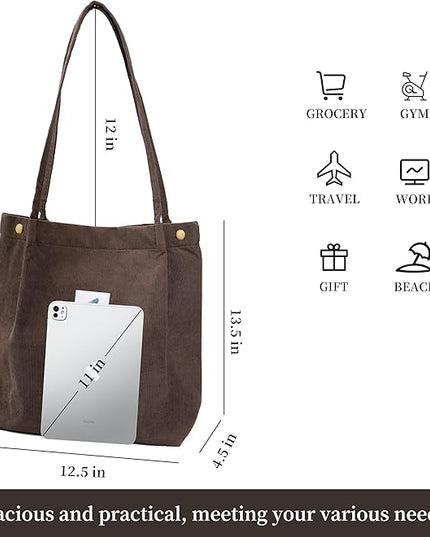 Corduroy Tote Bag Cute Tote Bags for Women Shoulder Bag with Inner Pocket for Work Beach Travel and Shopping Grocery