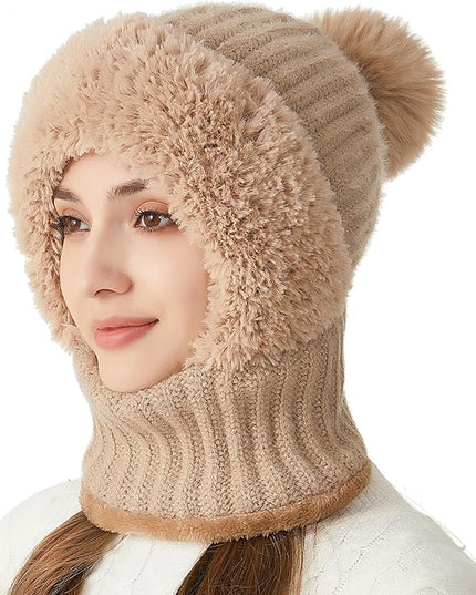 HUAMULAN Women Winter Beanie Hats One Piece Fleece Lined Knit Balaclavas Mask Set Skull Neck Circle Scarf Ski Snow Hat Pompom