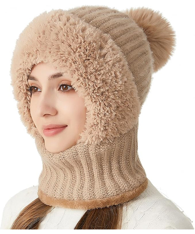 HUAMULAN Women Winter Beanie Hats One Piece Fleece Lined Knit Balaclavas Mask Set Skull Neck Circle Scarf Ski Snow Hat Pompom