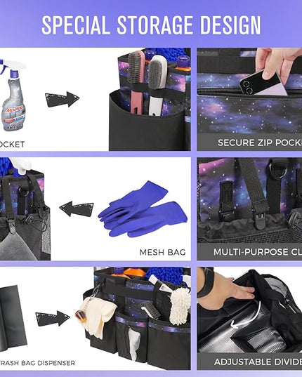 Wearable Cleaning Caddy, Cleaning Caddy Supplies Organizer with Handle & Shoulder Straps for Housekeepers, Under Sink & Car Cleaning Tool Organizers Bag with 4 Foldable Divider (StarrySky)