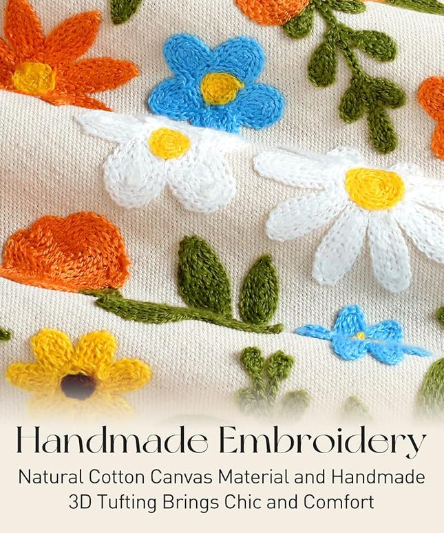 Embroidery Canvas Tote Bag for Women - Reusable Totes with Pocket & Buckle Aesthetic Cute Grocery Shoulder Bag