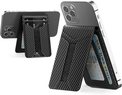 Padike for Magsafe Wallet, Magnetic Phone Wallet with Elastic Band for Extra Card Storage, Magnetic Card Holder with Adjustable Kickstand (Black Carbon Fiber)