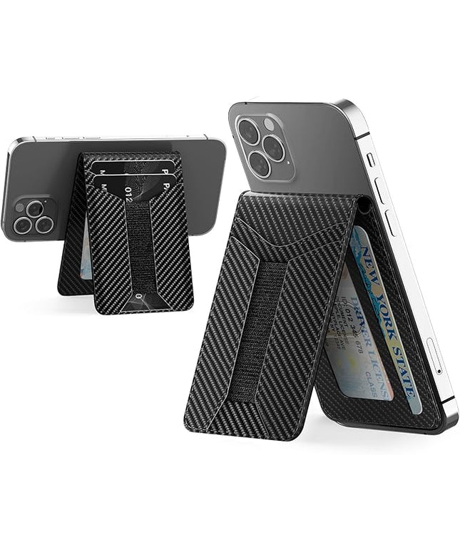 Padike for Magsafe Wallet, Magnetic Phone Wallet with Elastic Band for Extra Card Storage, Magnetic Card Holder with Adjustable Kickstand (Black Carbon Fiber)