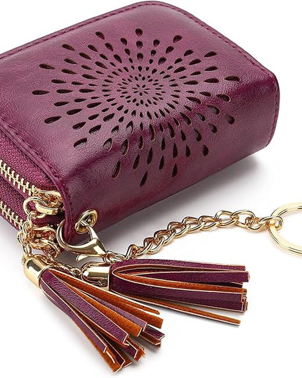 APHISON RFID Credit Card Holder Zipper Card Case Keychain Small Wallet for Women 1942-2 PURPLISH-RED
