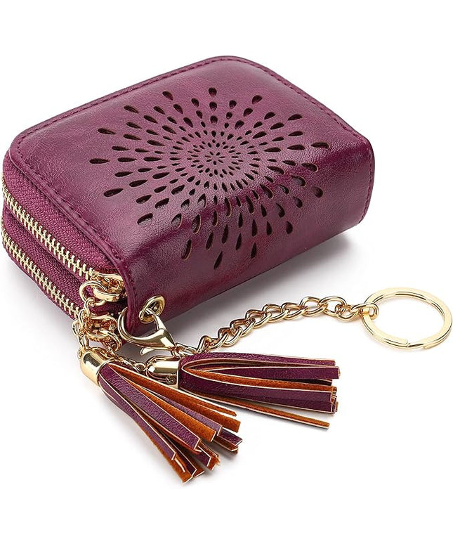 APHISON RFID Credit Card Holder Zipper Card Case Keychain Small Wallet for Women 1942-2 PURPLISH-RED