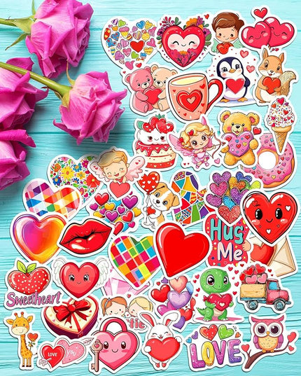 100Pcs Valentines Stickers for Kids, Bulk Heart Stickers for Valentines Day Gifts for Kids Classroom School Exchange, Vinyl Decals, Crafts, Party Favors, Goodie Bags Decorations