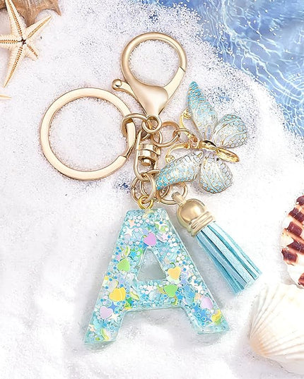 Fashion Alphabet Initial Letter Keychain Tassel Butterfly Pendant Key Ring for Purse Handbags Women Girl