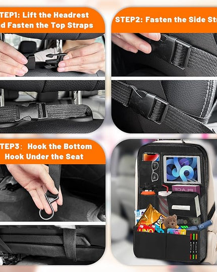 Backseat Car Organizer with Table Tray,12 Pockets Storage Organizer with Tablet Holder,Car Seat Organizer with Car Tissue Holder,Kick Mats Protector For Kids,Travel Accessories(2-Pack)