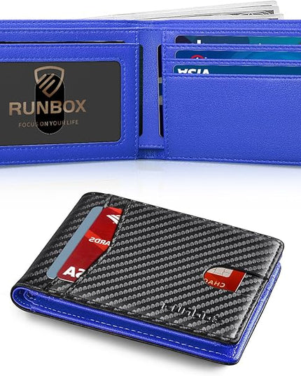 RUNBOX Wallet for Men Slim Leather Bifold RFID Blocking Minimalist Front Pocket Design with Gift Box