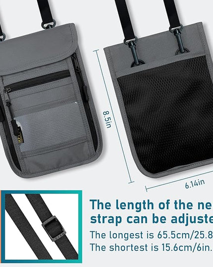 sundee Travel Neck Wallet with Double Zippers, RFID Blocking Passport Holder with Adjustable Neck Strap for Men and Women to Keep Cash, Credit Cards and Travel Documents Safe - Light Gray