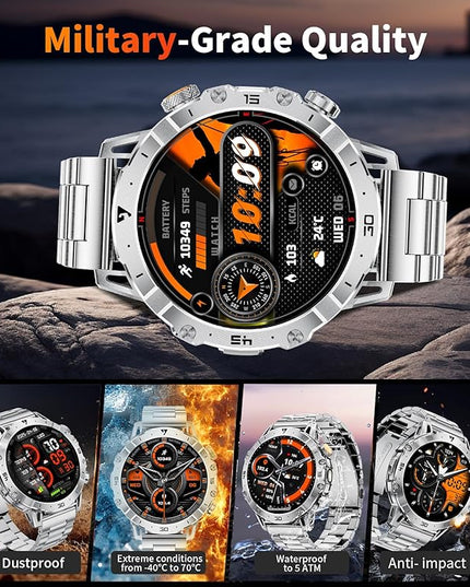 LIGE Smart Watches for Men 1000mAh Battery/LED Flashlight/3 Straps, 1.7" Ultra HD Screen Outdoor Smartwatch with 111 Sports Modes, Bluetooth Call 5ATM Waterproof Fitness Tracker Android iOS,Sliver