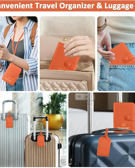 Passport Holder RFID Protected Wallet and Luggage Tag with Protection Cover Travel Accessories Leather Card Case Organizer for Women Men (Orange)