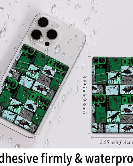 Phone Card Holder, Dual Pocket Leather Wallet Adhesive Stick On, Cute Credit Card Holder for Smartphones Case Compatible with Most Phone（dinosaur）