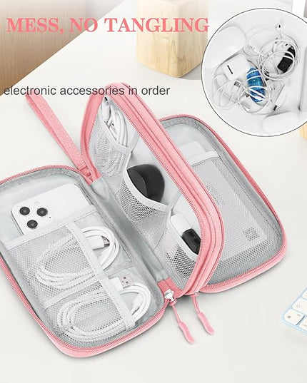 FYY Electronic Organizer, Electronic Accessories Carry Case Portable Waterproof Pouch Double Layers Storage Bag for Travel Cable, Cord, Charger, Phone, Earphone, Medium Size, Pink