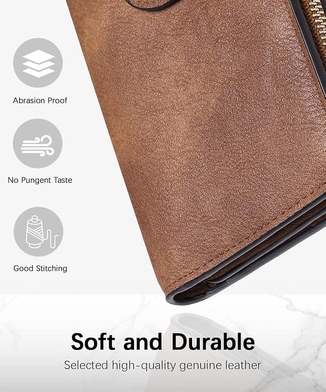 BOSTANTEN Womens Leather Wallets RFID Blocking Large Capacity Trifold Card Holder Ladies Phone Clutch Grey Brown