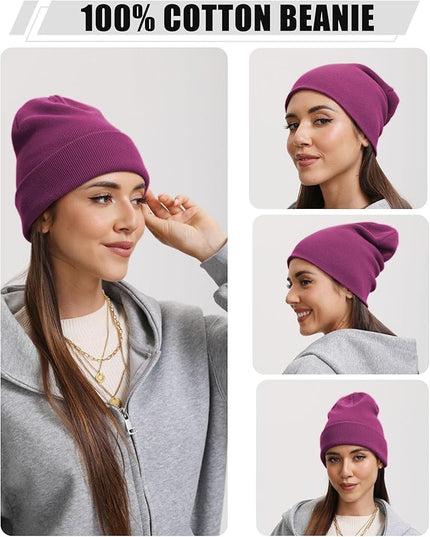 100% Cotton Beanie Hat- Unisex Ultra Soft Winter Warm Stretch Knit Cuffed Hats Fisherman Beanies Skull Cap