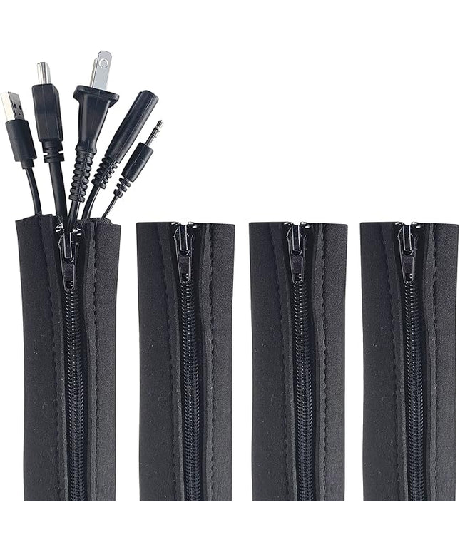 Zipper Cable Sleeve by Wrap-It Storage - 24" x 4" (4-Pack) Black - Cord Organizer and Cable Protector for Desk, Computer, TV Cord Management to Hide and Cover Wire and Extension Cables
