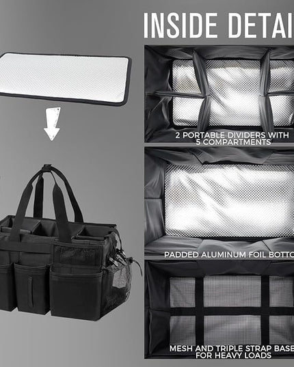 Wearable Cleaning Caddy Organizer with Handle & Shoulder Straps for Housekeepers, Under Sink & Car Cleaning Tool Organizer Bag with 4 Foldable Dividers (Black)