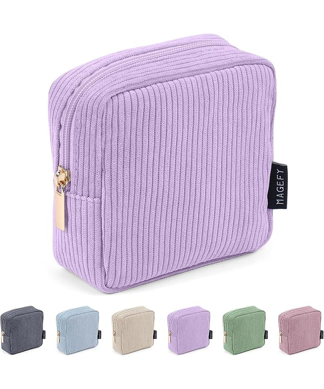 MAGEFY Small Makeup Bag for Purse Mini Cosmetics Bag Corduroy Cute Cosmetic Pouch for Women with Slip-in Pockets