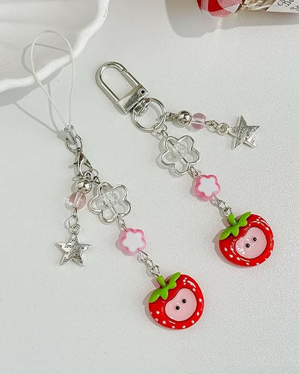 2PCS Cute Phone Charms Aesthetic Y2k Pink Guitar Strawberry Star Phone Straps Key Chains for Keys Bags Camera
