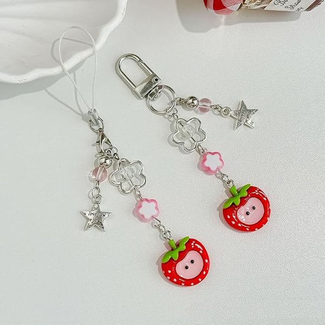 2PCS Cute Phone Charms Aesthetic Y2k Pink Guitar Strawberry Star Phone Straps Key Chains for Keys Bags Camera
