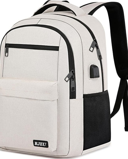 School Backpack for Teen Girls, Laptop Backpack 15.6 Inch with USB Charging Port, Sturdy Beige College Bookbag