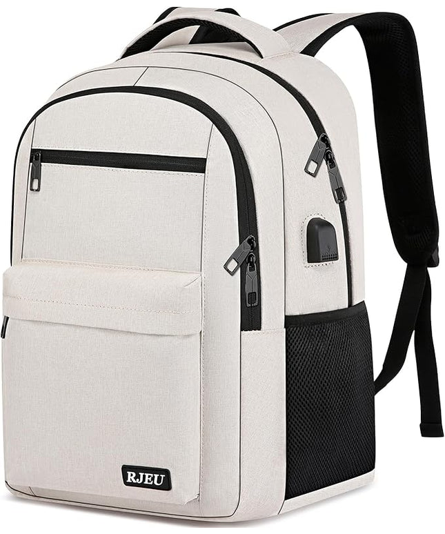 School Backpack for Teen Girls, Laptop Backpack 15.6 Inch with USB Charging Port, Sturdy Beige College Bookbag