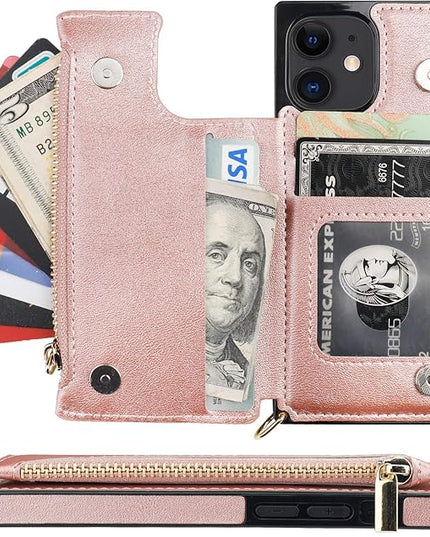 Bocasal Crossbody Wallet Case for iPhone 12 Mini with Card Holder,Zipper Card Slot Protector Shockproof Purse Cover with Removable Cross Body Strap 5.4 Inch(Rose Gold)
