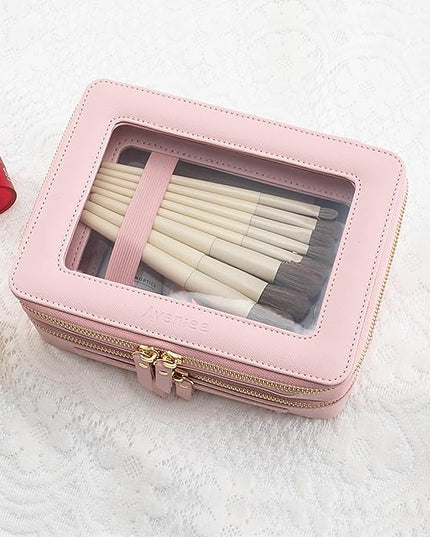 Aveniee XL Clear Makeup Organizer,Double Layer Travel Cosmetic Case with Brush Holder & Zippered Compartments,Big Toiletry Bag for Travel Accessories,2 Layers Large,Pink