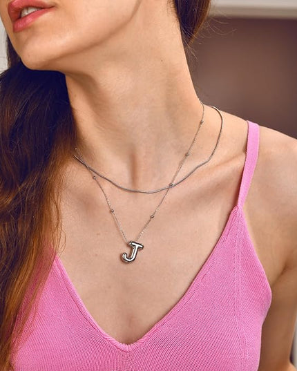 LUCA SMITH Initial Necklaces for Women, Dainty Balloon Bubble Letter, Name Letter Alphabet Pendant Layered Choker Chain Jewelry Gift
