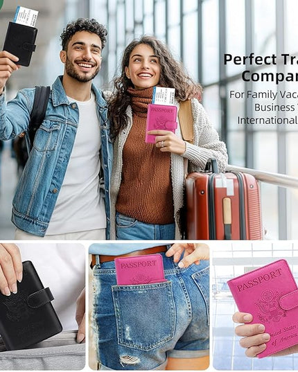 2 Pack Passport Holder for Travel with Slot for AirTag & Luggage Tag Cover, RFID Blocking Passport Holder for Women & Men | PU Leather Passport Cover with Pocket, Black & Pink