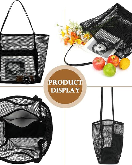 Mesh Beach Bag, Large Beach Tote with Zipper Pocket, Toys Pool Bag for Family Travel Vacation Cruise Essentials