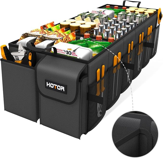 HOTOR Trunk Organizer - Car Organizer, Foldable Trunk organizer for SUVs & Sedans, Sturdy Car Organization for Car Accessories, Tools, Sundries, Black, 6 Compartments, 34.8"×16.0"×11.6"